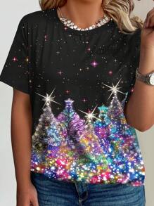 SHEIN LUNE Plus Size Modieus Kerstboom Bedrukt Kort Mouw Casual T-shirt Grafische T-shirts Dames Tops