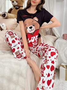 SweetSlumber 情人节撞色爱心印花短袖上衣和裤子女士睡衣套装，圣诞节 - 彩色 - 查看 6