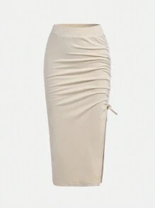 SHEIN Girlism 2pcs/Set Tween Girl Fitted Casual Apricot Knit Pencil Skirt Dress Set - Apricot - View 5