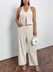 SHEIN Privé 大码春夏休闲优雅通勤办公室女士服装 - 深 V 领露背背心和阔腿裤套装，修身显高 - 杏色 - 查看 5