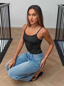 SHEIN X Belinda Siren Gaze Christmas Party Rhinestone Black Bodysuit Black Slim Fit Cami Rhinestone Women's Bodysuit Fashionable Elegant Casual Wear Party Summer - Black - View 3