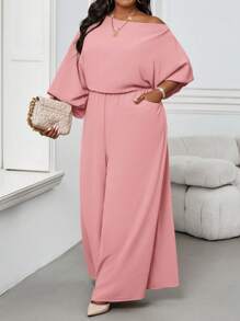 SHEIN Lady 秋冬优雅复古工作休闲办公室香槟色编织露肩舞会礼服主教袖露背新品大码连体裤 - 粉色 - 查看 3