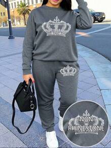 EMERY ROSE 2pcs Plus Size Crown Print Sweatshirt And Sweatpants Casual Set, Autumn/Winter - Dark Grey - View 1