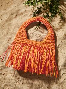 SHEIN SXY Damskie, damskie torby z uchwytem u góry, torba ze słomy, modna, elegancka, prosta, spersonalizowana, uniwersalna, pomarańczowa, frędzel, na plażę, wakacje, wakacje, lato, nad morze