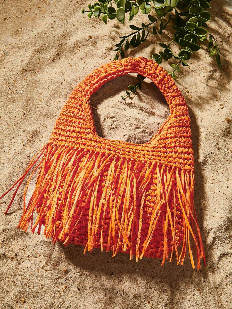 SHEIN SXY Damskie, damskie torby z uchwytem u góry, torba ze słomy, modna, elegancka, prosta, spersonalizowana, uniwersalna, pomarańczowa, frędzel, na plażę, wakacje, wakacje, lato, nad morze