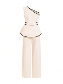 Ellevyn Curvy Plus Size Women's Apricot Asymmetric Neck Contrast Trim Sleeveless Cropped Top And Pants Two Pieces Set, Business Elegant Suit, Off The Shoulder, Summer Outfits For Women, Vacation Outfits Woman, Wedding Guest Dress Women, Summer Clothes, Business Casual Woman, Office Outfits For Women, Work Clothes Women, Wedding Guest Dress, Old Money Style Women, Going Out Outfits, European Summer, 2 Pieces Sets Ladies, Sets For Women, Matching Sets Women, Summer Sets