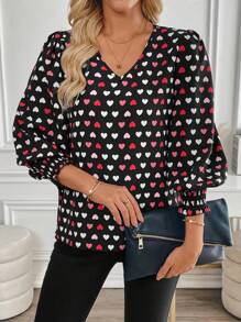 EMERY ROSE 女士休闲全身心印花灯笼袖衬衫情人节情人装 - 彩色 - 查看 4