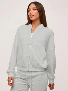 SHEIN BASICS 女款休閒純色針織立領長袖寬鬆夾克外套，秋冬服飾 - 淺灰色 - 查看 7