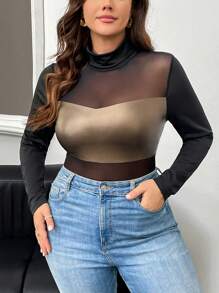 SHEIN Privé بوديسوت داخلية للنساء ذوات المقاسات الكبيرة مريحة وكاجوال من خليط المطاط والشبكة، بوديسوت داخلية مطاطية ذات أكمام طويلة باللون الأسود للخارج