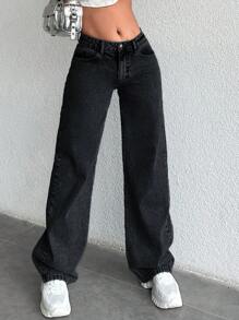 RueChic 100% 纯棉女式高腰直筒牛仔裤 - 深灰色 - 查看 5