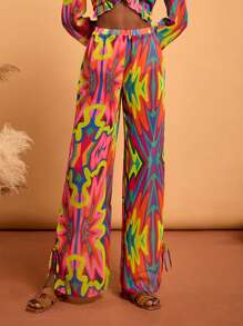 Abeille Creations Celana Panjang Chiffon Transparan Model Lebar Motif Garis Abstrak Berwarna-warni Gaya Boho Bohemian Desainer, Cocok untuk Liburan, Jalan-jalan, Musim Semi, dan Festival. - MultiWarna - View 4