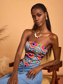 Abeille Creations Designer Boho Bohemian Women's Multi-Color Abstract Geometric Pattern Print Summer Vacation Sexy Style Tube Top, For Going Out, Festival, Ibiza Fits