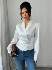 Elenzga 女士优雅纯色交叉腰长袖衬衫 - 白色 - 查看 4