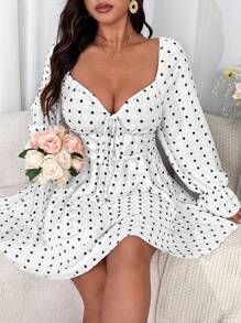 Flirla Robe à manches longues douce avec volants en jacquard 3D à pois, romantique pour la Saint-Valentin, rose, cœur, pois, amour, lèvre, cupidon, fleur 3D - Noir et Blanc - Voir 3