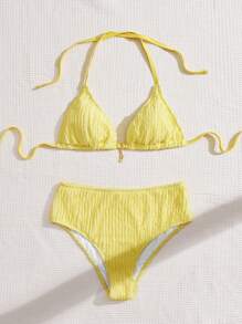 SHEIN Swim Curve 大码女式两件套泳衣套装，纯色纹理面料，甜美可爱细绳三角杯吊坠装饰休闲度假泳装夏季 - 黃色 - 查看 2