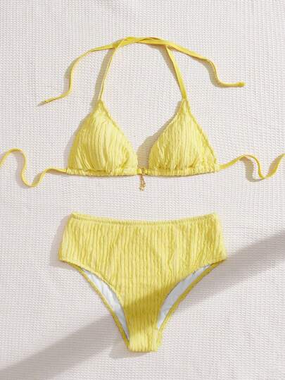 Swim Mod Plus Size Women 2 Pieces Swimwear Set, Solid Color Textured Fabric Sweet Cute String Triangle Cup Pendant Decoration Casual Resort Swimwear Summer