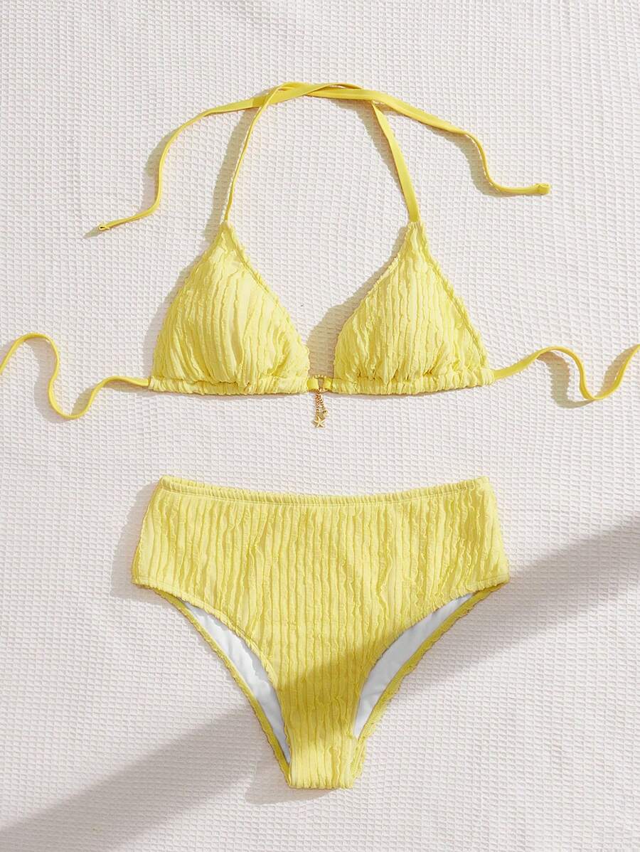 SHEIN Swim Curve 大码女式两件套泳衣套装，纯色纹理面料，甜美可爱细绳三角杯吊坠装饰休闲度假泳装夏季