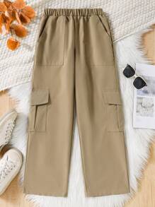 Sparklyn Tween Girls' Casual Solid Color Straight Leg Cargo Pants - Khaki - View 1