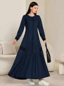 Seusyu Women Casual Contrast Striped Sweatshirt Dress, Autumn/Winter - Navy Blue - View 5