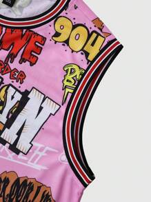 ROMWE MEN Prep Men's Letter Print Striped Round Neck Casual Tank Top, 2000s Style - Pink - View 3