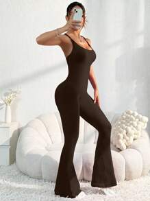 Seamless High Elastic Yoga Workout Leisure Sports Jumpsuit With Built-In Bra Pad