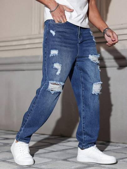 Manfinity Roughcore 宽松男式斜口袋破洞洗水牛仔裤