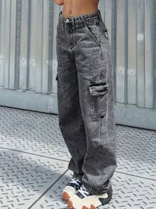 美国简约修身塔形印花工装牛仔裤