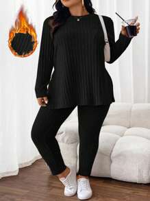 SHEIN CURVE+ 2pcs Curve Plus Size Women Knitted Ribbed Texture Loungewear Set, Casual & Comfortable For Autumn/Winter - Black - View 3