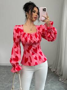 Elenzga Camisa elegante con estampado de corazón rojo y fruncido