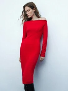 Maija Women's Red Elegant Autumn Party Knit Dress,Bordeaux Asymmetric Neck Loose Raglan Long Sleeve Floral Textured Midi Dresses,Valentine's Day Apparel - Burgundy - View 2