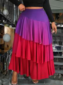 Slaydiva Plus Size Women's High Waist Patchwork Multi-Layer Ruffle Gradient Color Midi Skirt, Fashionable - Multicolor - View 9