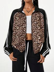 Coolane Women's Fall/Winter Streetwear Going Out Daily Wear Leopard Pattern Graphics Patchwork High Neck Windbreaker Jacket