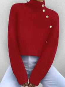 SHEIN Teenager Mädchen Elegante Rollkragen Pullover mit Schulteraussschnitt und Metall Knöpfen, geeignet für Feiertage, Vintage, Lässig Wear, Winter
