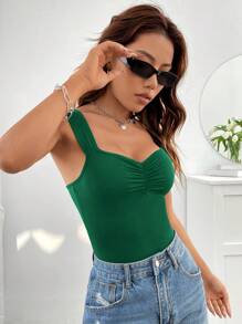 SHEIN Privé 休闲简约纯色心形领紧身衣 - 墨綠色 - 查看 4