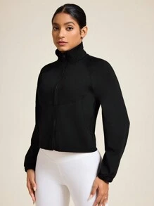 Easithlete Solid Color Stand Collar Raglan Sleeve Cropped Sports Jacket