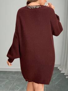 SHEIN LUNE 大码女式纯色针织露肩系带长袖优雅性感毛衣连衣裙，秋冬 - 棕色 - 查看 2