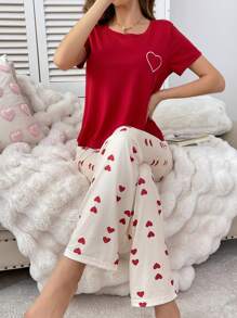 Red Heart Print Short Sleeve & Pants Pajama Set - Multicolor - View 1