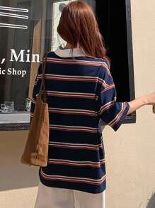 DAZY 休闲运动春夏拼接撞色条纹宽松长袖T恤女秋装 - 藍色 - 查看 2