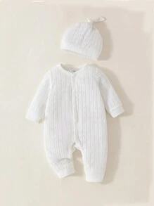 SHEIN Newborn Baby Unisex Jumpsuit Everyday Casual Solid Color Stretch Knit Jacquard Long Sleeve Button Up Regular Autumn Winter Infant Romper With Hat - White - View 8