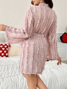 Women's Solid Color Cutout Tassel Trim Flare Sleeve Robe - Pink - View 2