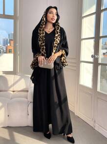 Al Najma 女式豹纹拼布长袖休闲宽松阿拉伯风格连衣裙，配头巾，端庄优雅，超长阿拉伯连衣裙 - 彩色 - 查看 8