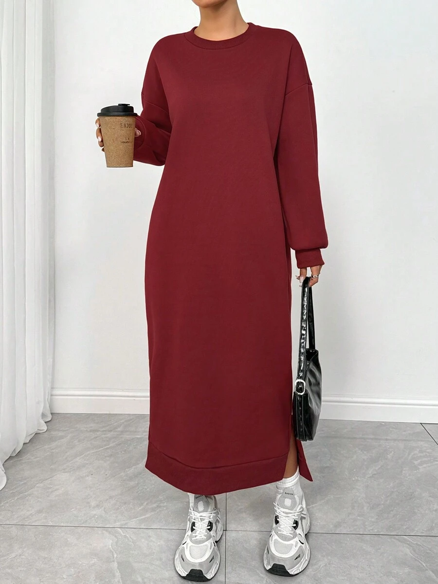 Muchica Loose Fit Solid Color Long Sleeve Casual Sweatshirt, Long Length & Minimalist Style For Daily Wear - Red - View 1