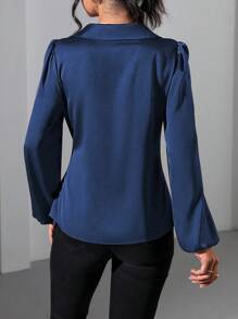 EMERY ROSE 西式风格亮面面料侧系带泡泡袖百搭女式衬衫 - 藍色 - 查看 2