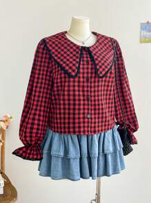 Soleia Áo cánh tay dài cổ bèo nhún kẻ caro đỏ đen cỡ lớn cho nữ, rộng rãi, thoải mái, phù hợp cho mùa thu, đông và xuân - Nhiều màu - Xem 3