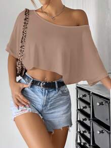 SHEIN EZwear 卡其色针织宽松露肩超大码女式 T 恤 - 卡其色 - 查看 4