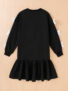 SHEIN Tween Girls Casual Vintage College Style Knit Crew Neck Pullover Dress With Contrast Color Bow, Long Sleeve And Ruched Hem