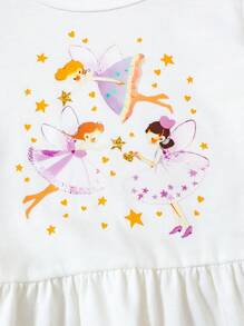 2pcs/Set Young Girl Casual Fairy Tale Fairy Pattern Puffy Sleeve Ruffle Edge Short T-Shirt And Fairy Print Long Pants Set - White - View 4