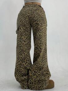 DAZY Women's Casual Front Button Pocket Leopard Print Street Pants - Khaki - View 5