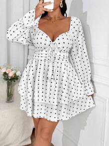 Flirla Robe à manches longues douce avec volants en jacquard 3D à pois, romantique pour la Saint-Valentin, rose, cœur, pois, amour, lèvre, cupidon, fleur 3D - Noir et Blanc - Voir 1