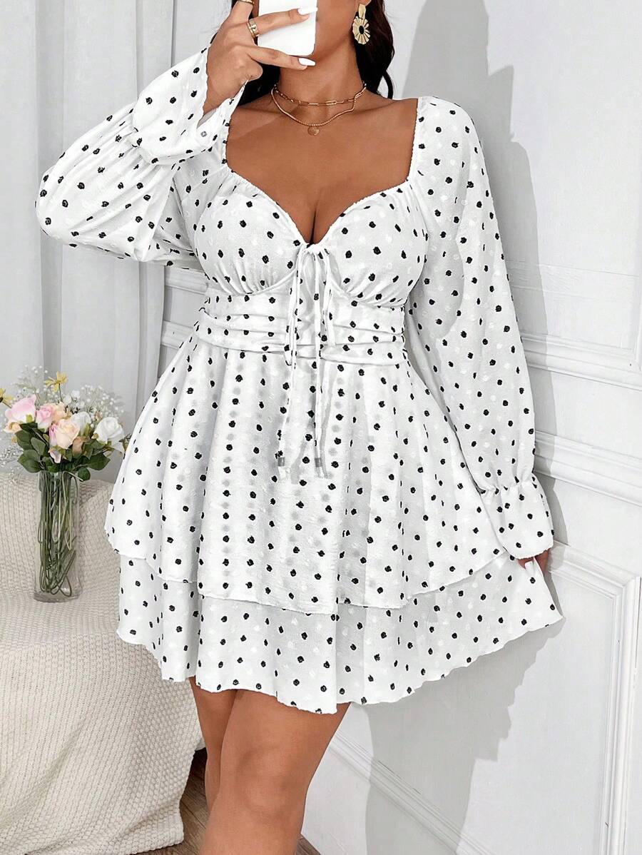 Flirla Robe à manches longues douce avec volants en jacquard 3D à pois, romantique pour la Saint-Valentin, rose, cœur, pois, amour, lèvre, cupidon, fleur 3D - Noir et Blanc - Voir 1